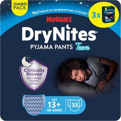 Scutece Huggies DryNites Nighttime pentru enurezis, pentru băieți de la 13 la aproximativ 17 ani (48-60 kg), 33 de bucăți (3x11), pachet lunar Jumbo, chiloți XL