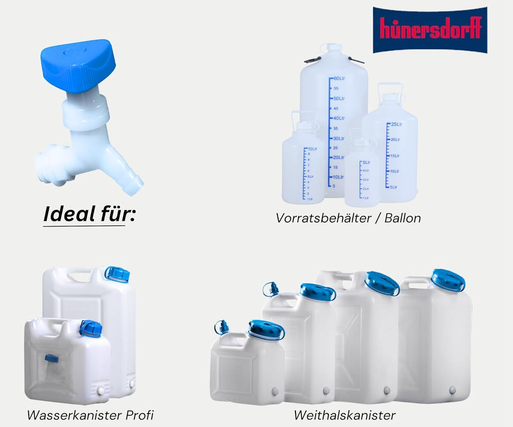 Hünersdorff | Supapă unghiulară | Colțară | Pentru canistre cu filet lățime de 22 mm | Racord furtun 13 mm sau 1/2" | Natural/albastru