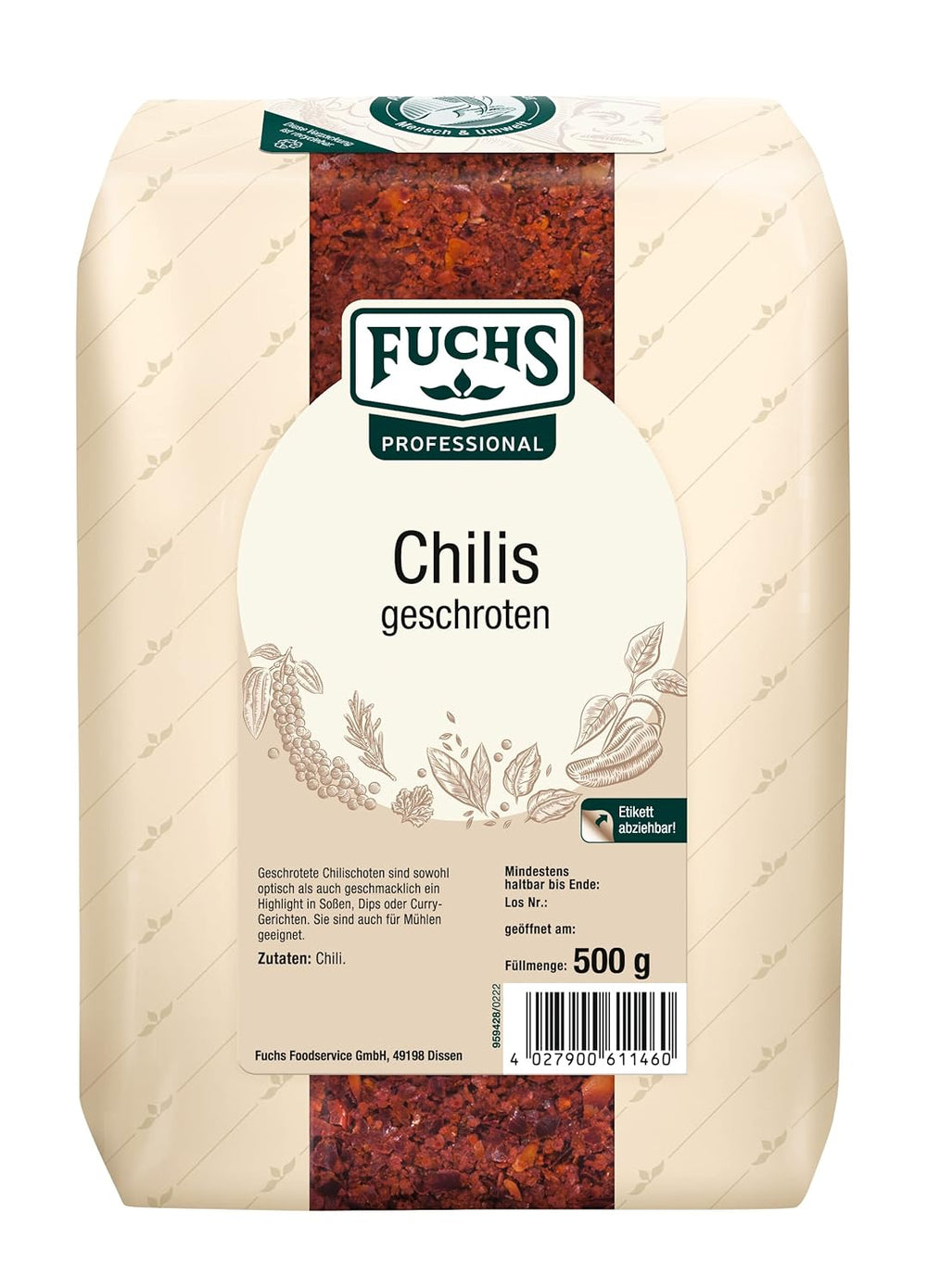 Fuchs Professional - Chilis geschroten | Verleiht Chili con Carne die richtige Schärfe | Profi-Qualität für Großverbraucher | 0,7 kg im recyclebaren Beutel