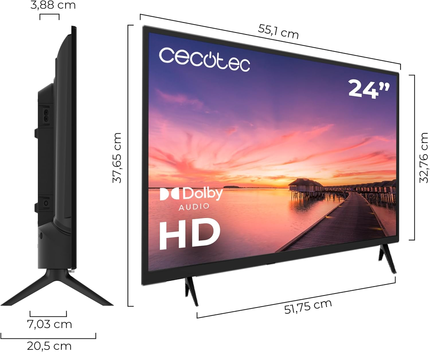 Televizor Cecotec seria 0024, ecran de 24 de inci, HD, rezoluție optimă a imaginii și video, sistem Dolby, memorie flash, port HDMI/USB, telecomandă, clasa E, decodoare DVB_T/T2/C/S/S/S2