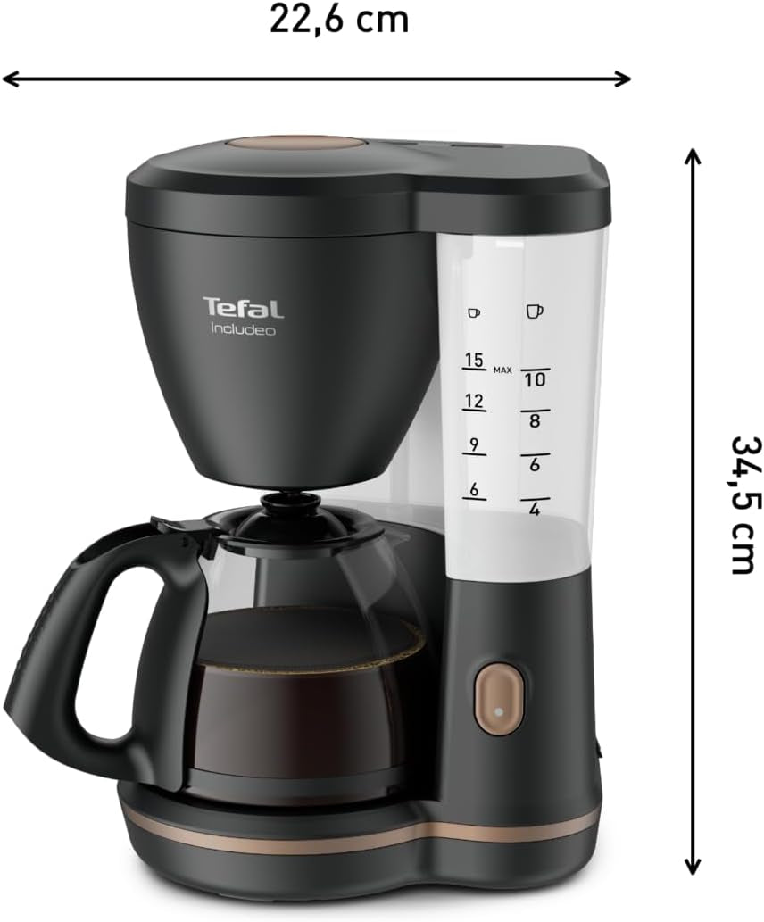 Espressor cu filtru Tefal Includeo, espressor extrem de ușor de utilizat, potrivit pentru dreptaci și stângaci, deschidere automată a capacului, 1,25 l, 10 până la 15 cești, CM533811
