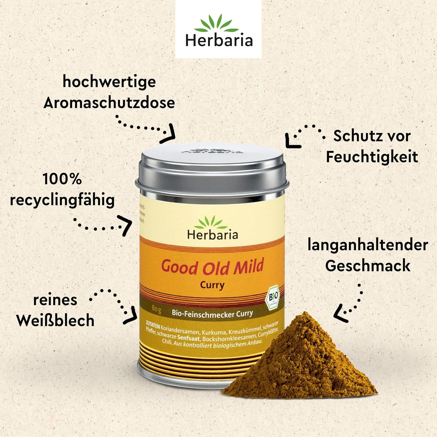 Herbaria Good Old Mild Curry bio 80g M-Dose – Currypulver, Currymischung - Bio-Gewürzmischung für klassische Curry-Spezialitäten z.B. Currywurst - erlesenen Zutaten in nachhaltiger Aromaschutz-Dose