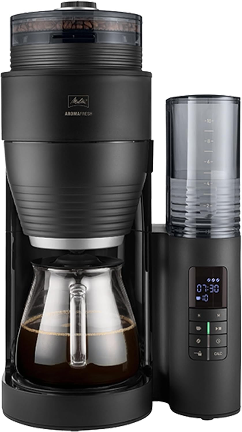 Melitta AromaFresh X – Espressor cu filtru, cu râșniță integrată, carafă de sticlă și funcție de temporizator, pentru până la 10 cești de cafea, negru/argintiu