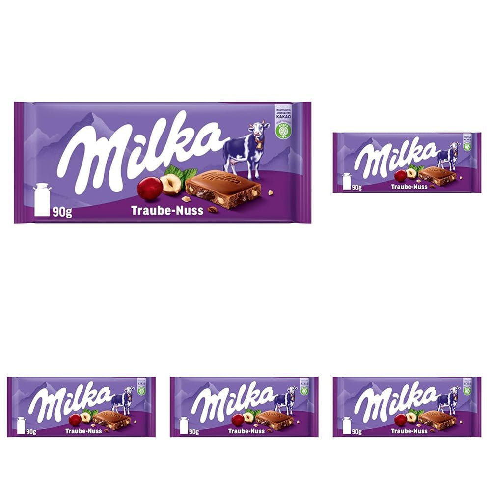 Milka Struguri și Alune – Ciocolată cu lapte alpină cu bucăți de alune și stafide – 90g