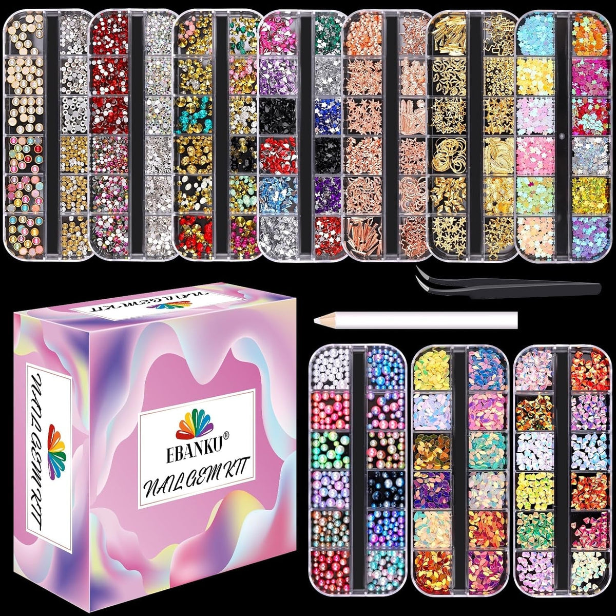 EBANKU Nail Art Strass Kit Multi Design Zubehör Mit 1 Pinzetten 1 Stück Wachsstifte Deko Diamanten Kristalle Perlen Edelsteine Bunt Pferdeaugen Strass Metall Nieten Für Nagel DIY (1 Stück (10Er Pack))