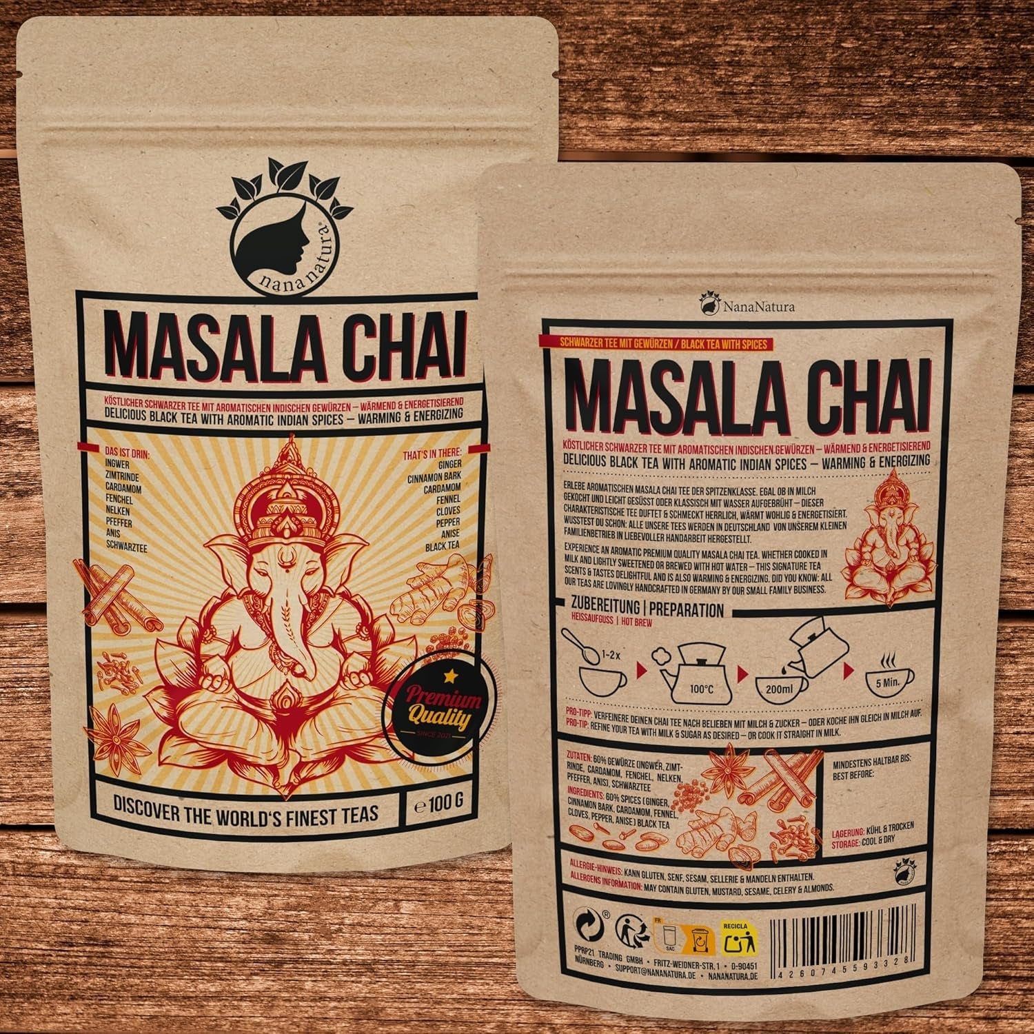 Nananatura'S MASALA CHAI TEE 100G | Perfect pentru ceai chai, chai latte cu lapte sau chai rece | 100% natural | Ceai negru delicios cu condimente indiene aromate | Încălzitor și energizant
