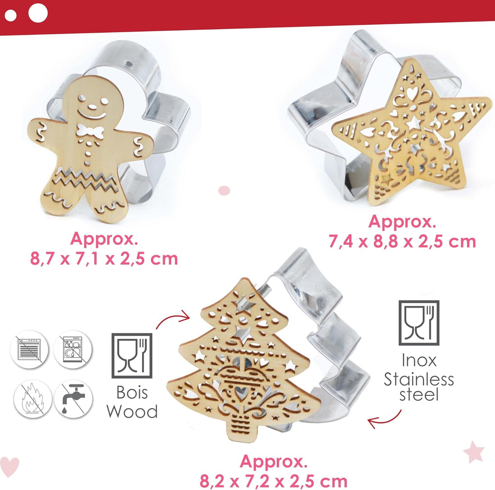 Set de copt SCRAP COOKING 2093 cu tăietor de pisici din oțel inoxidabil și aparat de vafe din lemn, potrivit pentru contactul cu alimentele, Crăciun