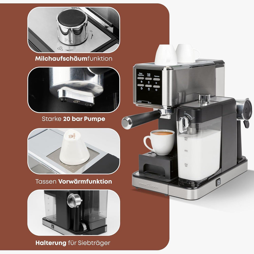 Espressor ProfiCook® 2 în 1 | pentru cafea măcinată și capsule compatibile Nespresso | portfiltru | 20 bar | sistem de lapte pentru latte și cappuccino | portfiltru pentru espresso | PC-ES 1266
