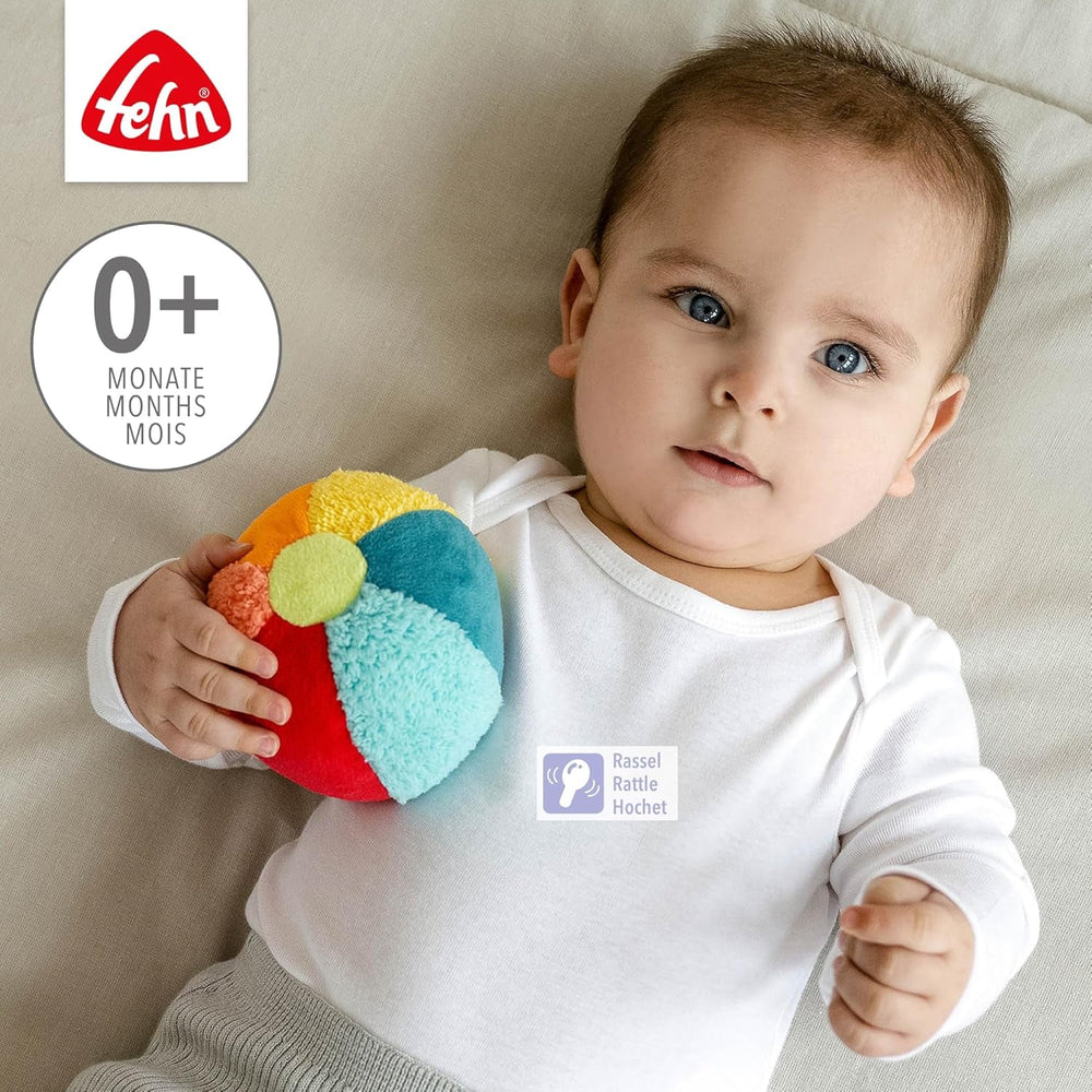 Fehn Rattle Ball colorată - minge de prindere cu amestec de materiale și zornăitor pentru aruncare, prindere, rostogolire - minge de prindere pentru promovarea abilităților motorii - minge din material textil pentru bebeluși și copii mici de la 0+ luni Jucarii Bebe Naty Shop