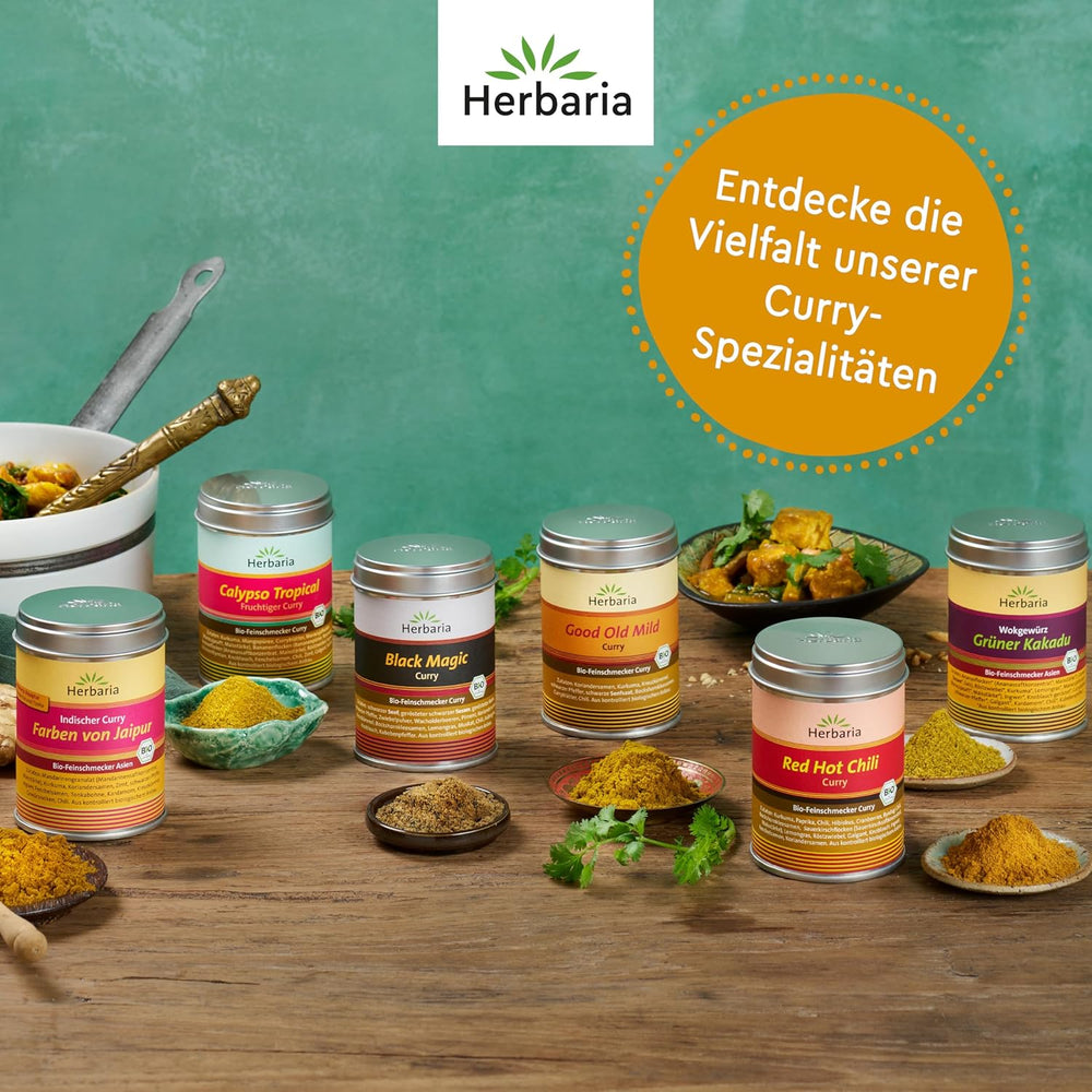 Herbaria Good Old Mild Curry bio 80g M-Dose – Currypulver, Currymischung - Bio-Gewürzmischung für klassische Curry-Spezialitäten z.B. Currywurst - erlesenen Zutaten in nachhaltiger Aromaschutz-Dose