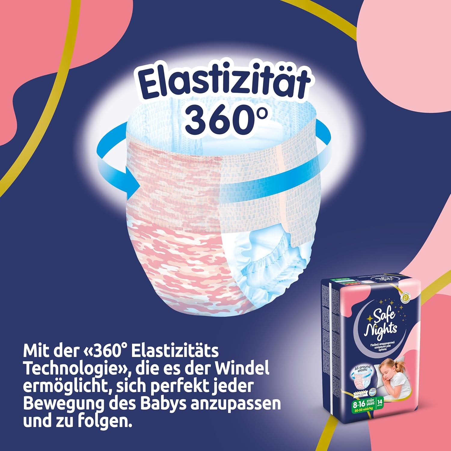 Safe Nights Girl, chiloți absorbanți de noapte pentru fete cu vârsta cuprinsă între 8 și 16 ani (30-50 kg), 14 bucăți