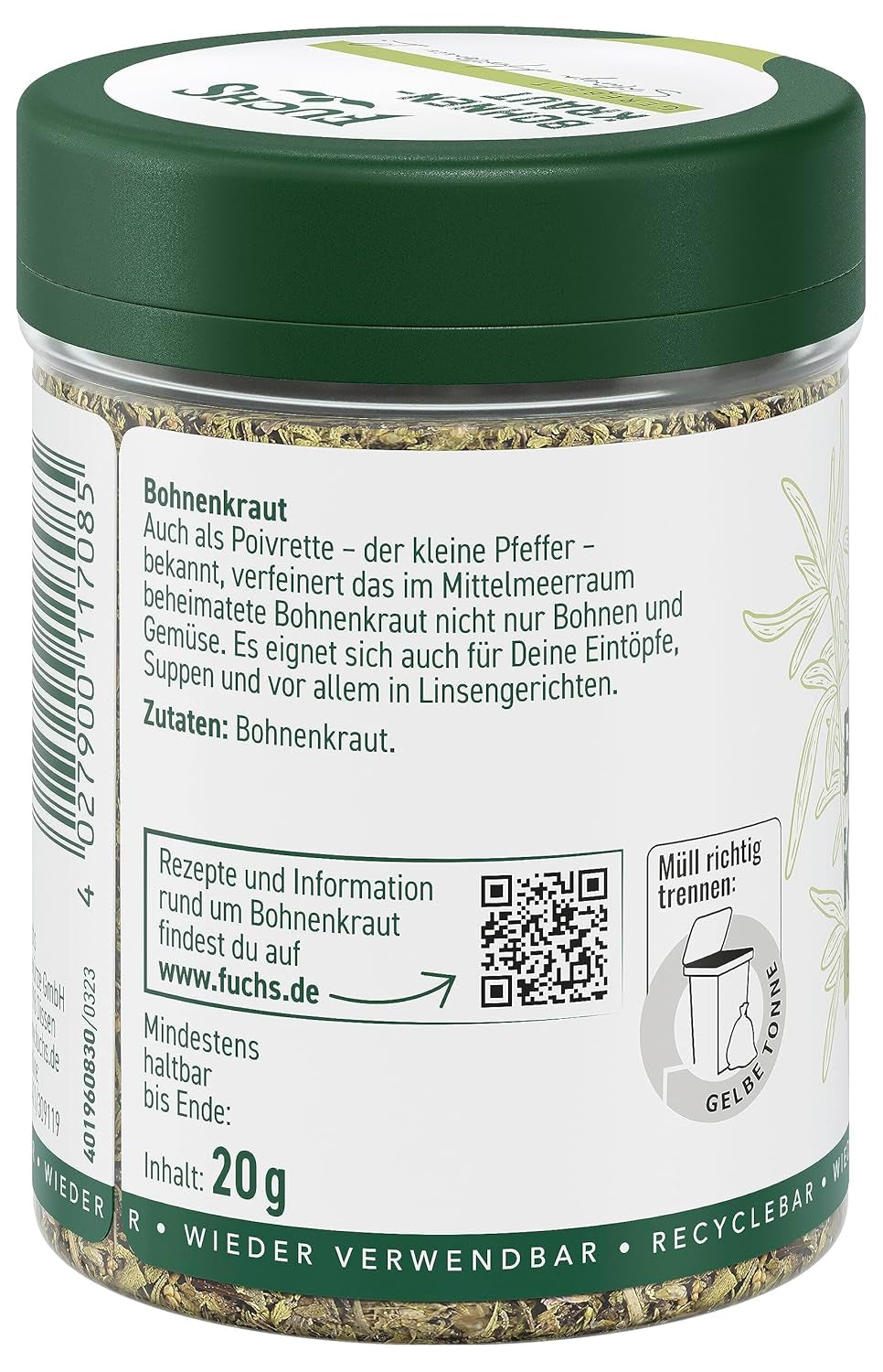 Fuchs Gewürze - Bohnenkraut gerebelt - ideal für Gemüsegerichte, Bohnengerichte oder Eintöpfe - natürliche Zutaten - 20 g in wiederverwendbarer, recyclebarer Dose