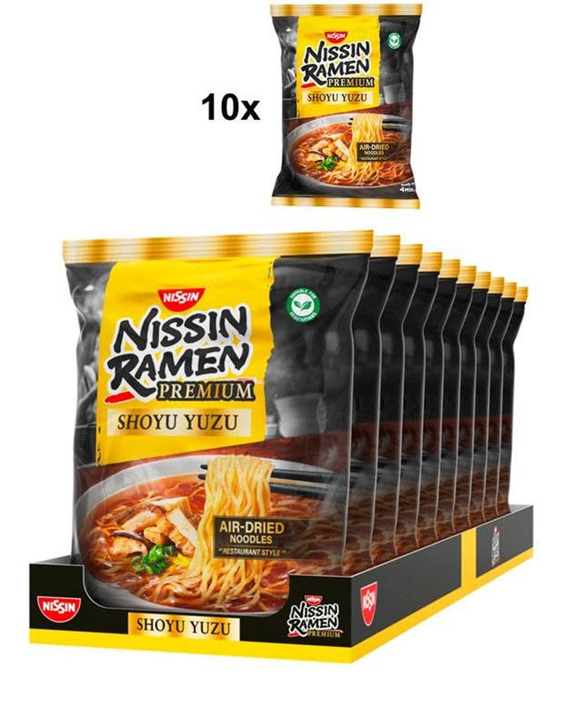 Nissin Ramen Premium - Shoyu Yuzu, pachet de 10 tăiței instant în stil japonez, uscați la aer, cu aromă de sos de soia yuzu și praz uscat (10 x 92,7 g)