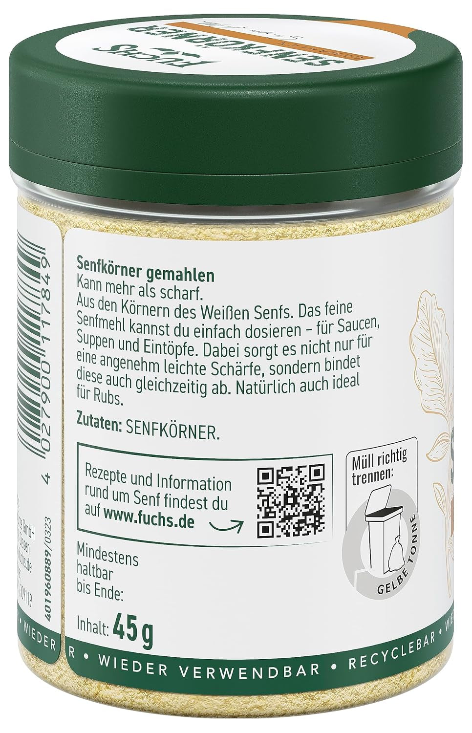 Fuchs Gewürze - Senfkörner gemahlen - für die Zubereitung von Rubs, zum Verfeinern von Suppen und Saucen - natürliche Zutaten - 45 g in wiederverwendbarer, recyclebarer Dose