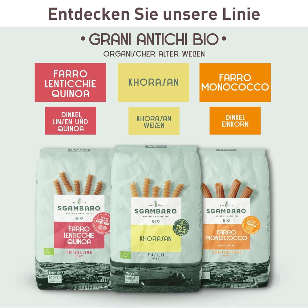 Paste Penne Rigate Organice N.91 - 500g cu făină de spelta, făină de linte și făină de quinoa – Bogate în proteine, sursă de fibre și proteine