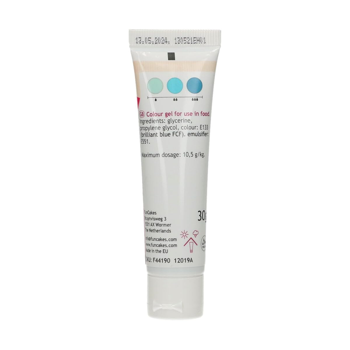Funcakes Food Color Gel Aqua: Colorant alimentar foarte concentrat pentru aluat, cremă, fondant și marțipan. Dozare ușoară. Picătură individuală pentru a crea culori vibrante. Halal. 30 g.