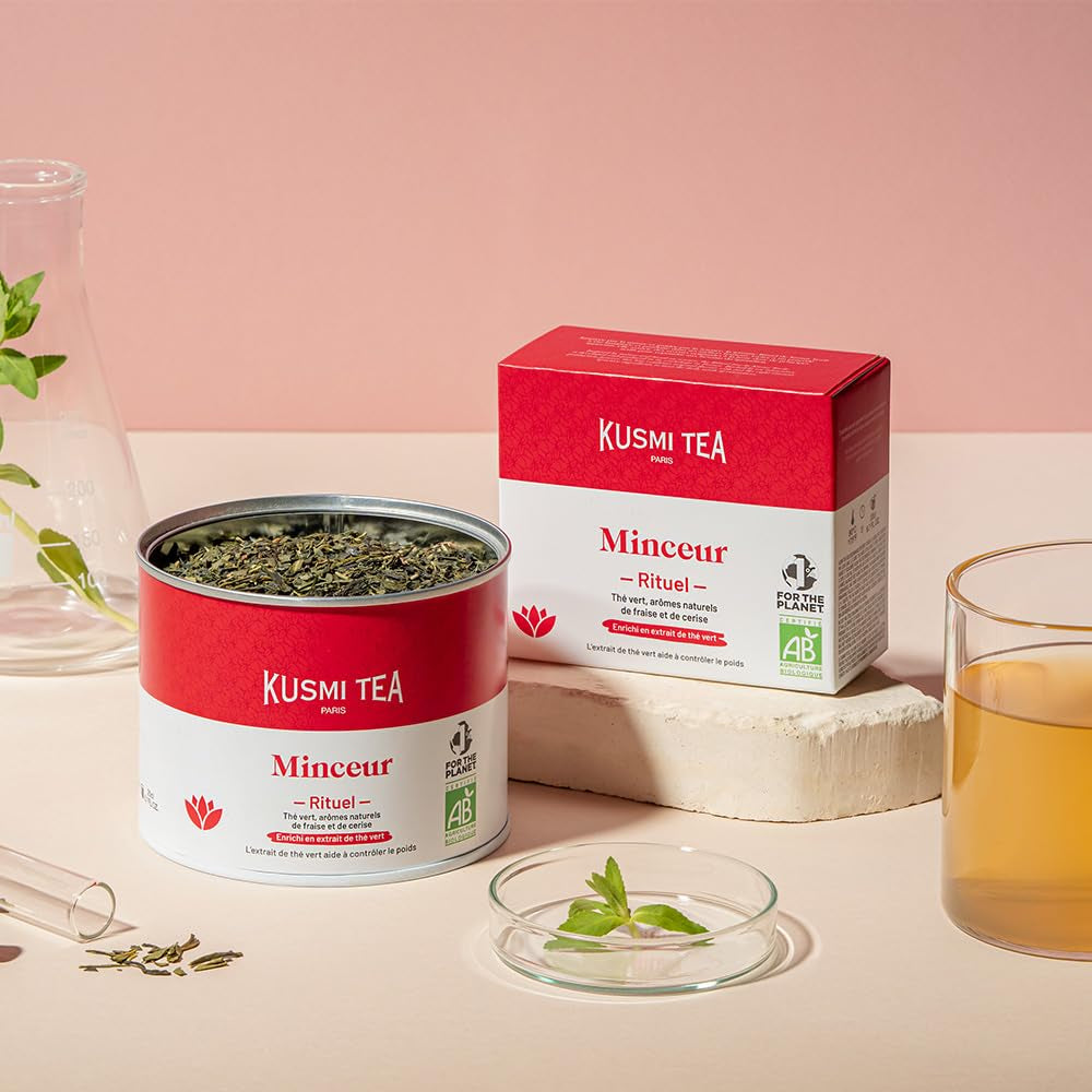 Kusmi Tea - Slim Ritual - Ceai pentru slăbit - Îmbogățit cu extract de ceai verde - Facilitează pierderea în greutate - Căpșuni și cireșe - Ceai vrac - Cutie metalică de 100 g pentru aproximativ 50 de cești
