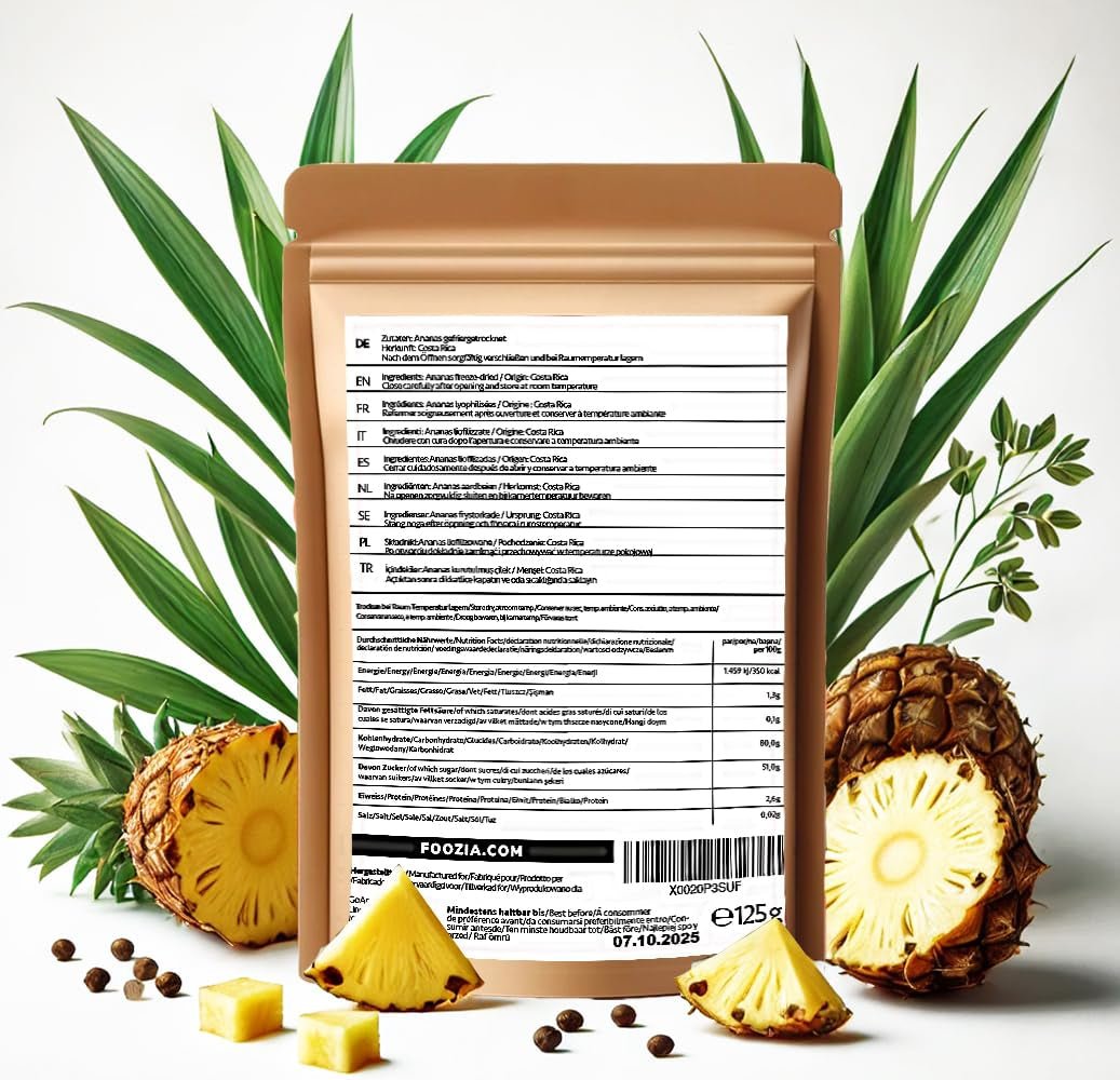 Ananas liofilizat 125g bucăți mari, Fructe liofilizate fără aditivi 100% pure - Fructe uscate naturale - Ananas uscat, fructe uscate de la Foozia Produse deshidratate Naty Shop