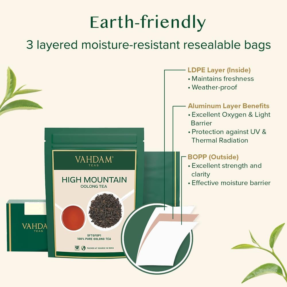 VAHDAM, ceai Oolong de munte (100 g) Cules manual în plantațiile de altitudine din Darjeeling | Frunze de ceai Oolong 100% naturale | Direct de la sursă din India | Se prepară ca ceai fierbinte/rece