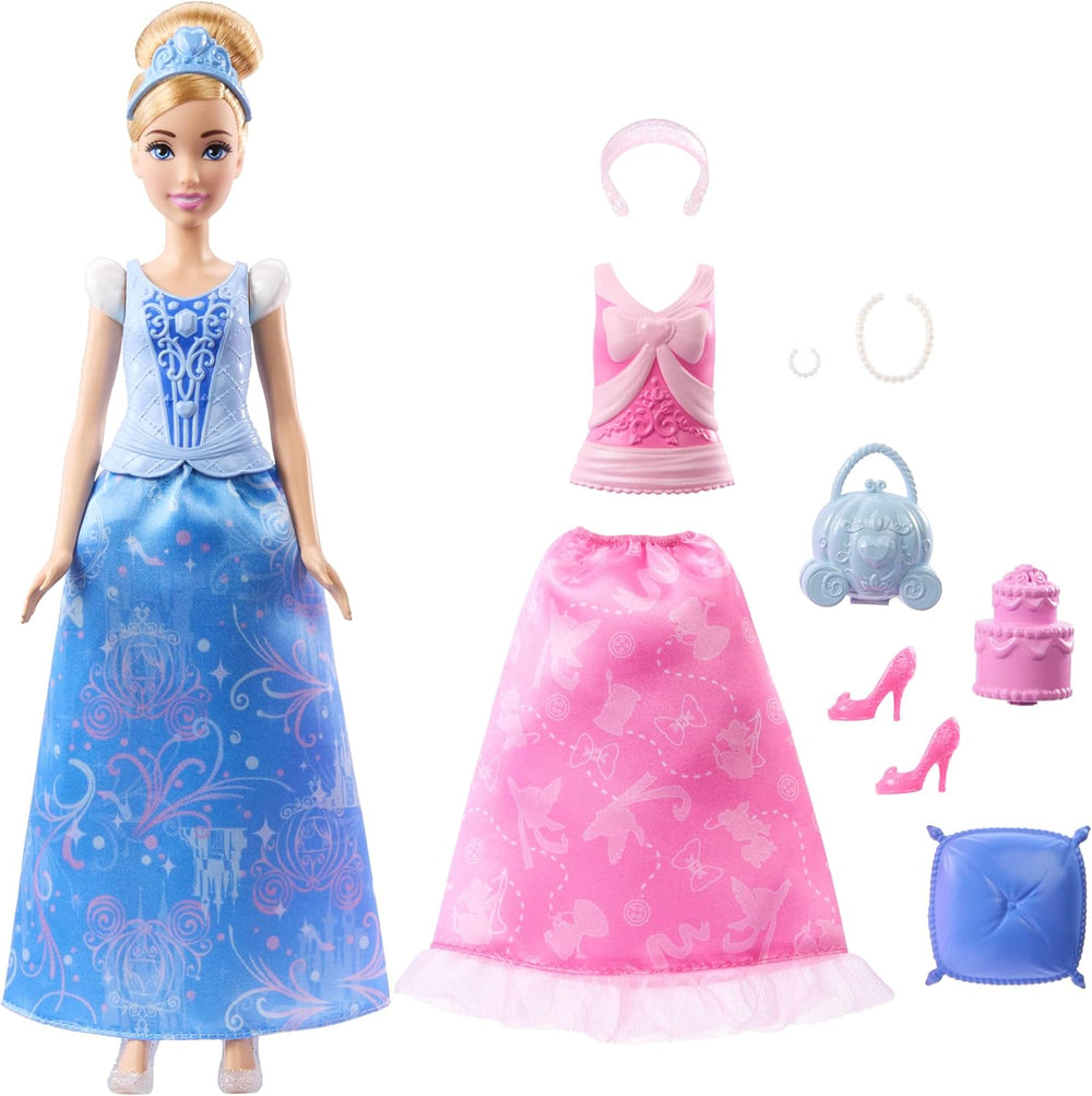 Mattel Disney-Princess-Spielzeuge, Cinderella-Modepuppe mit 2 Looks, 9 Accessoires, 2 Oberteile zum Anklipsen und 2 Röcke. 2-in-1-Geschichten inspiriert vom Disney-Film, JCR95
