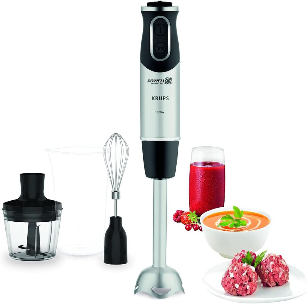 Krups Perfect Mix Stabmixer HZ6568 | Blender | 1000 Watt | Edelstahlfuß | 4 Extra Scharfe Messer | Powelix Technologie | Schneebesen | 500 Ml Zerkleinerer | 800 Ml Messbecher | Schwarz/Silber Bucatarie Naty Shop