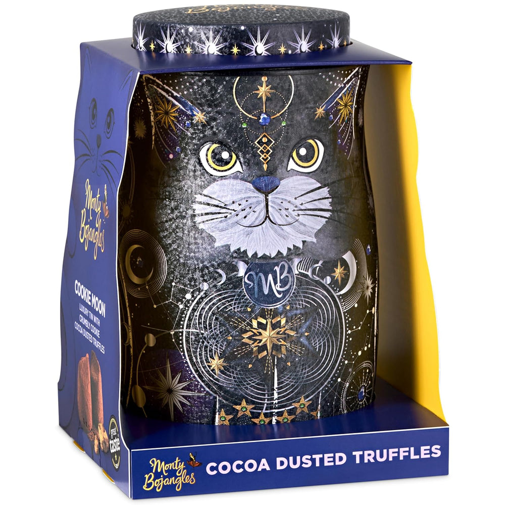 Trufe de ciocolată Monty Bojangles Savanna Gold (135g) pudrate cu cacao, praline, set cadou într-o cutie individuală de colecție cu design de pisică, aromă de scotch Flutter