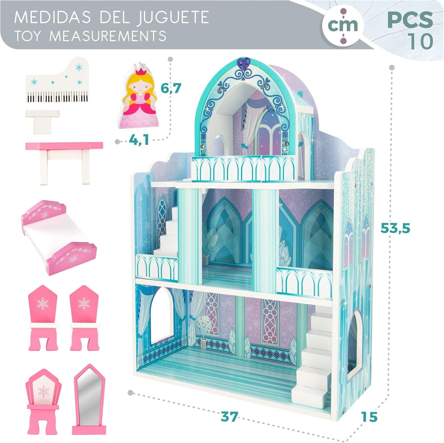 Casă de păpuși din lemn, castele de prințese din lemn, case de păpuși, 3 etaje, castele de prințese, 9 piese din lemn, 37x15x53,5 cm, jucărie din lemn, vârste 3+