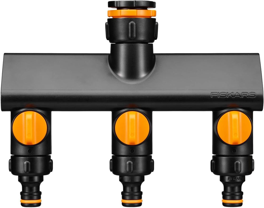 Conector multi-filet Fiskars, filet interior pentru diferite dimensiuni de robinet, pentru trei dimensiuni de filet Ø 21 mm (1/2"), Ø 26,5 mm (3/4") și Ø 33,3 mm (1"), 17 g, negru/portocaliu, 1027051