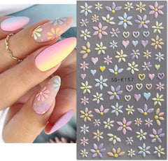 JMEOWIO 3D Nagelsticker Blume Frühlings Nail Art Sticker Selbstklebend Nagelaufkleber 5D Stereoskopisch Sommer Bunter Blumen Dekoration Nageldesign Zubehör 4 Blatt