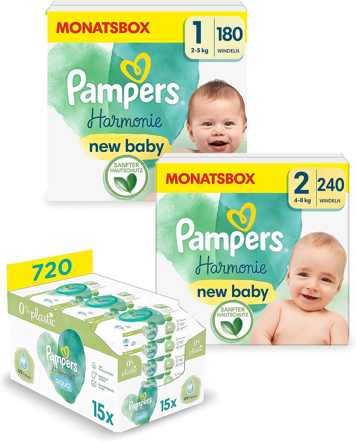 Set Harmonie Aqua Baby cu scutece mărimea 1 (2-5 kg, 180 bucăți), mărimea 2 (4-8 kg, 240 bucăți), cutie de jumătate de lună și șervețele umede Aqua Baby, 720 șervețele (15 x 48), kit de început pentru bebeluși