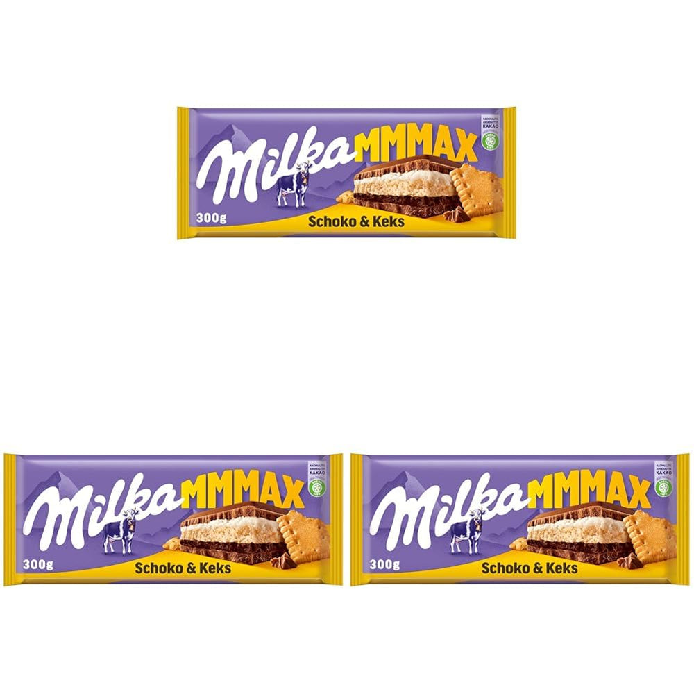 Milka Mmax Ciocolată și Biscuiți – Ciocolată cu lapte alpină cu umplutură de cremă de lapte și bucăți crocante de biscuiți – 300g