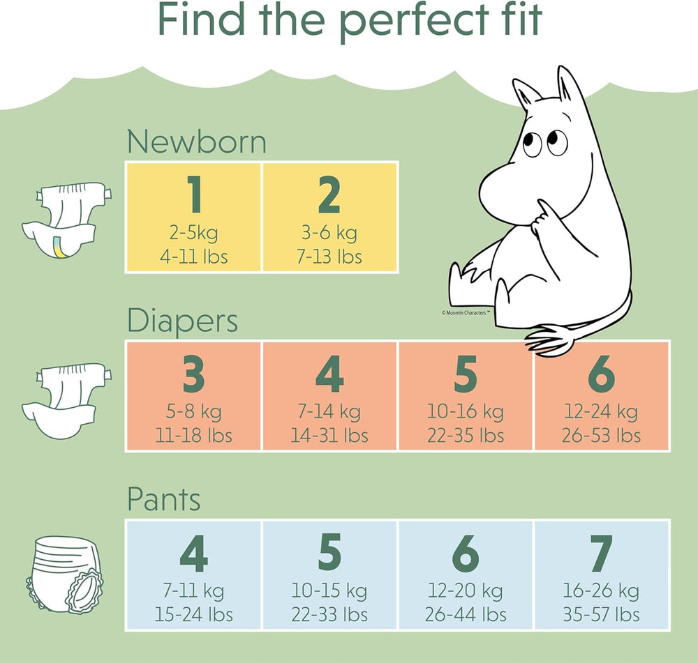 Scutece Moomin Baby Eco, mărimea 3, 5-8 kg, 48 bucăți, scutece premium moi | Moi și prietenoase cu pielea, respirabile, absorbante, fără substanțe chimice inutile |