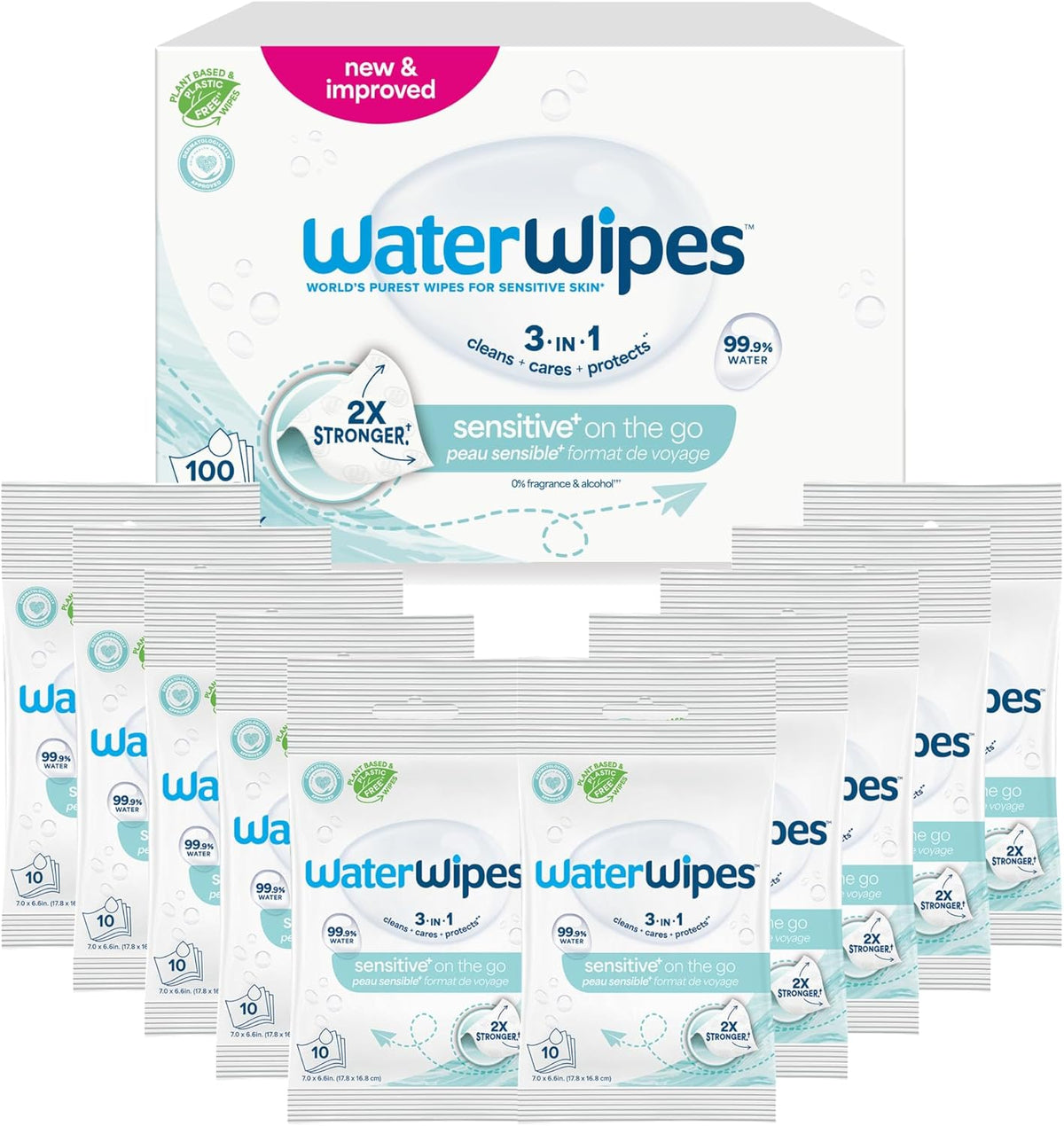 Șervețele umede WaterWipes Sensitive+ On The Go, 100 de șervețele (10 pachete), 3 în 1 curăță, îngrijește, protejează, 99,9% apă, șervețele fără parfum