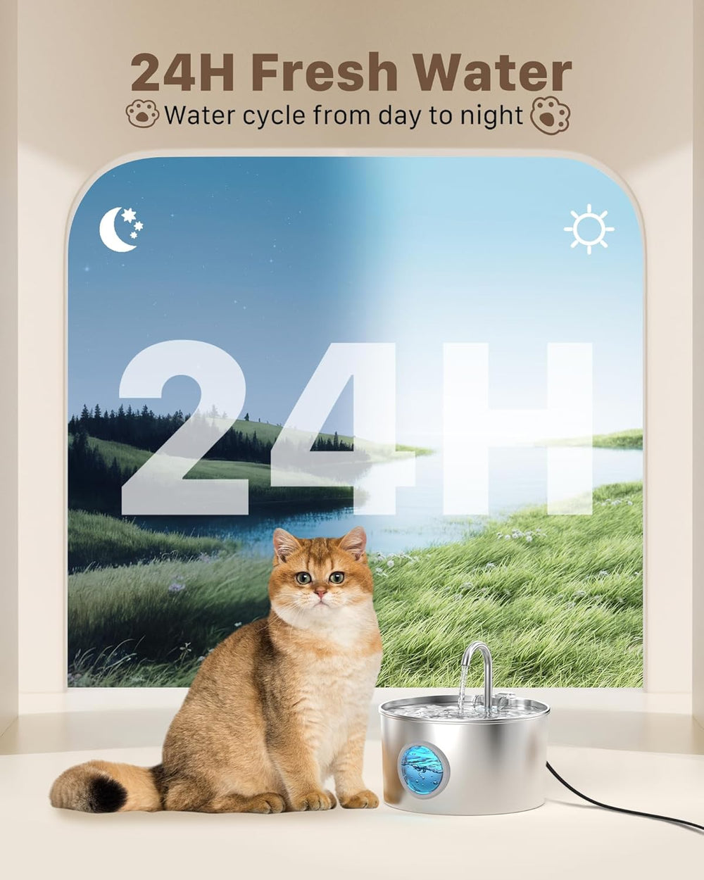 Fântână pentru pisici din oțel inoxidabil: Fântână de apă ultra-silențioasă de 2,2 l pentru pisici - Fântână de băut pentru pisici și câini cu indicator al nivelului apei - Adaptorul UE nu este inclus