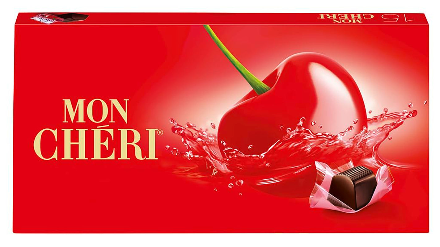 Ferrero Mon Chéri – Ciocolată crocantă, lichior fructat și o cireșă aromată – Cadou de ciocolată de Ziua Îndrăgostiților pentru el și ea – 1 pachet cu 15 bomboane individuale de ciocolată
