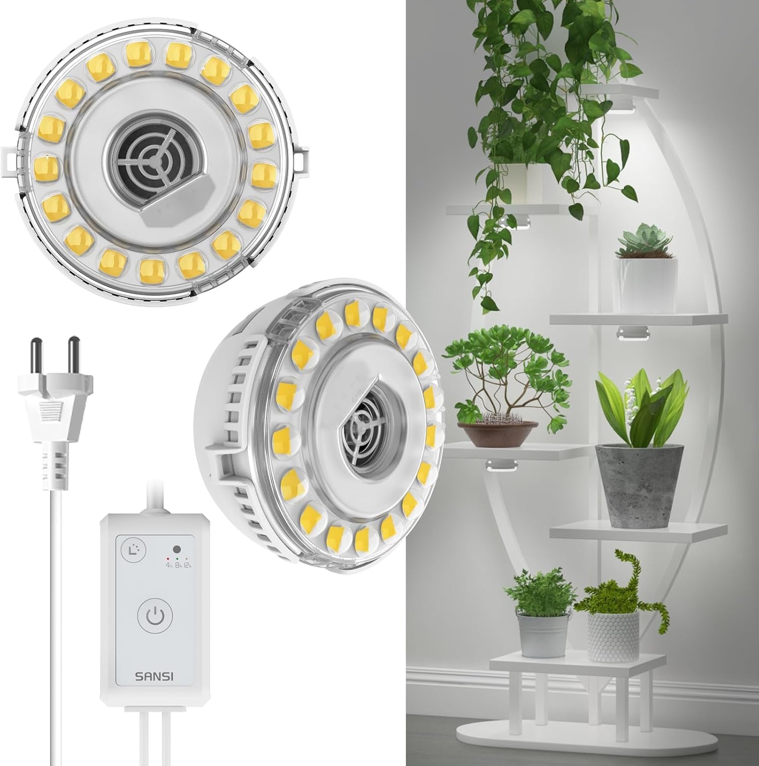 Lampă LED SANSI pentru plante de interior, lampă de creștere cu 2 capete, spectru complet de 10W (echivalent 150W), temporizator 4/8/12 ore, lumină suspendată pentru plante de interior, seră, hidroponică