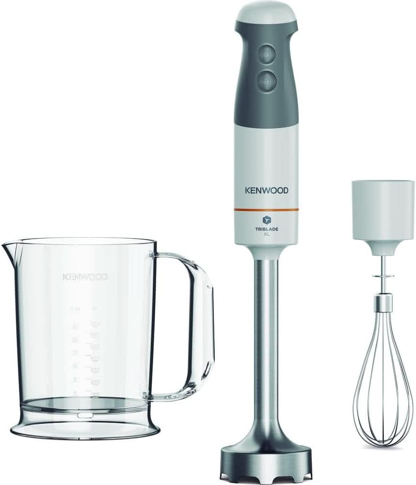 Kenwood Triblade XL Pro Stabmixer HBM80.322BK, 1200W, Variable Geschwindigkeiten, Edelstahl(Pürierfuß), Schneebesen, Emulgieraufsatz, 500Ml Zerkleiner, 700 & 250Ml Becher, Spülmaschinenfeste Teile Bucatarie Naty Shop Weiß/Grau 2 Hbm40.002Wh