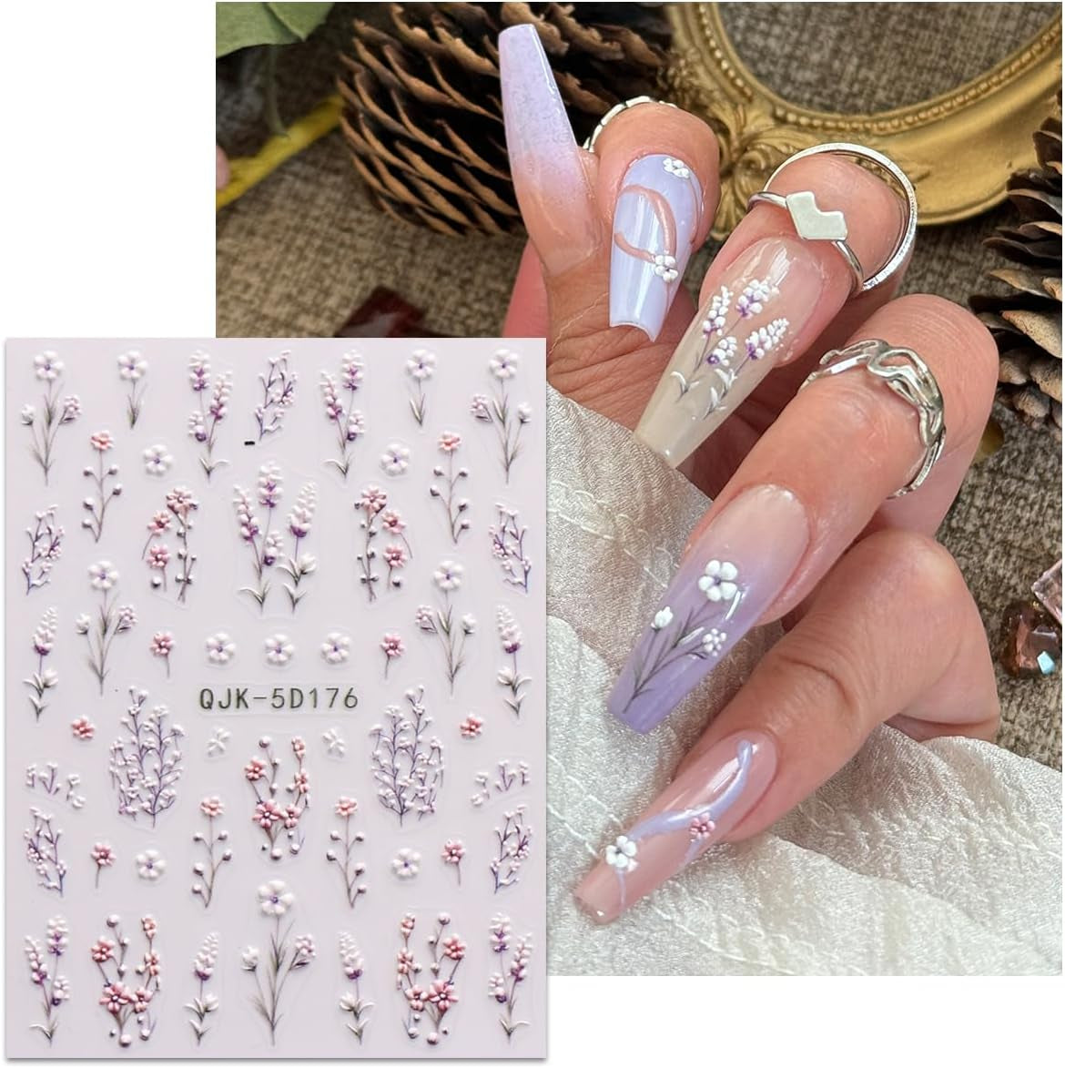 JMEOWIO 3D Nagelsticker Blumen Nail Art Sticker Selbstklebend Nagelaufkleber 5D Stereoskopisch Frühling Sommer Dekoration Nageldesign Zubehör 4 Blatt