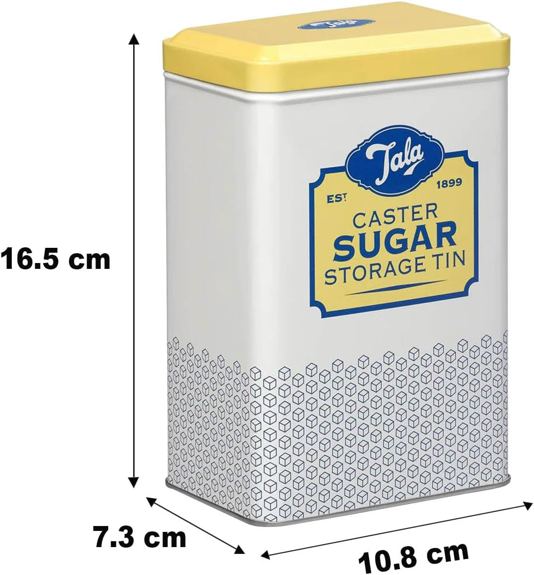 Cutie de depozitare Tala Originals, metalică, design retro în galben și crem, poate conține un plic întreg de zahăr pudră