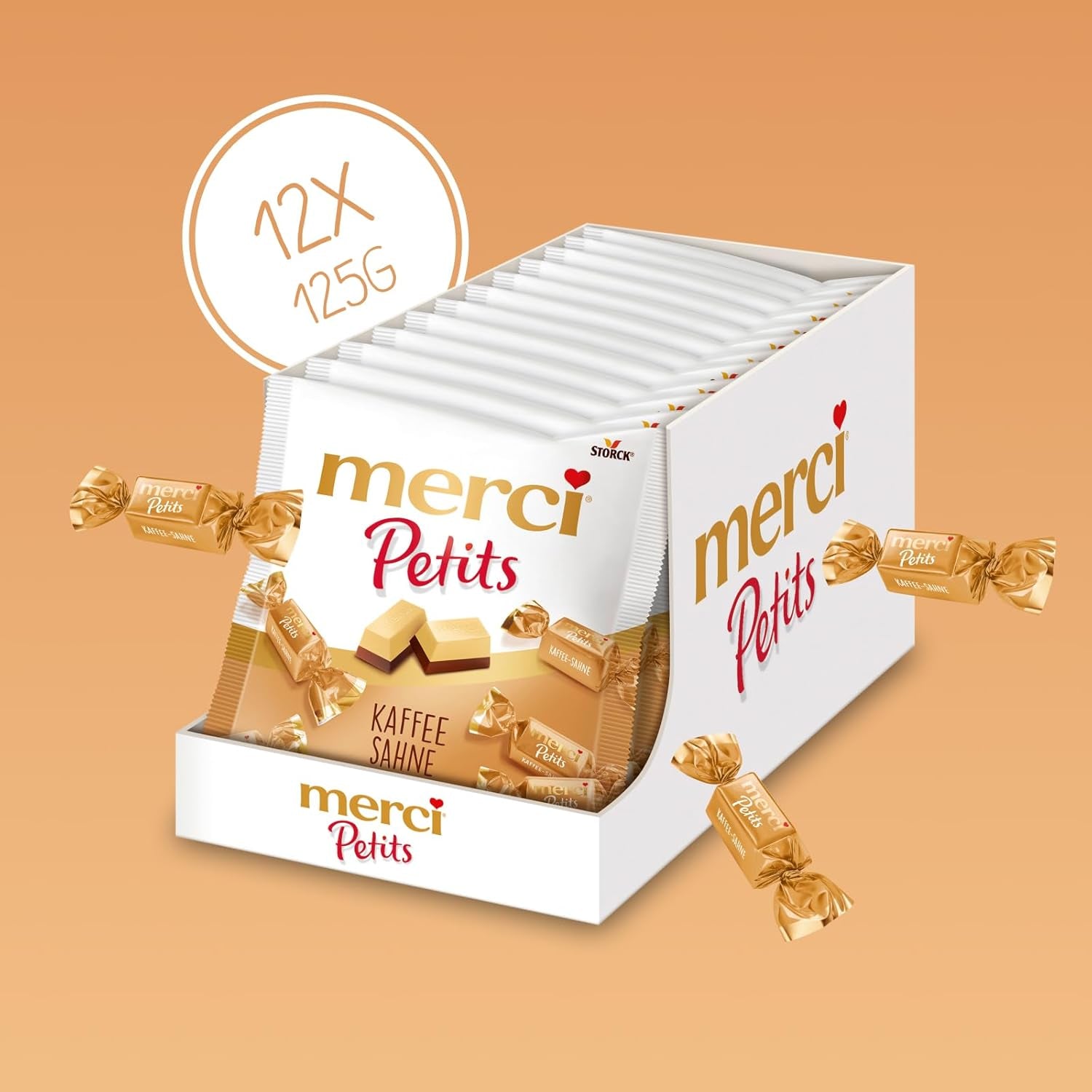Cremă de cafea Merci Petits – 12 x 125 g – Praline mici de ciocolată albă pe ciocolată fină cu cremă de cafea – Praline de ciocolată ambalate individual