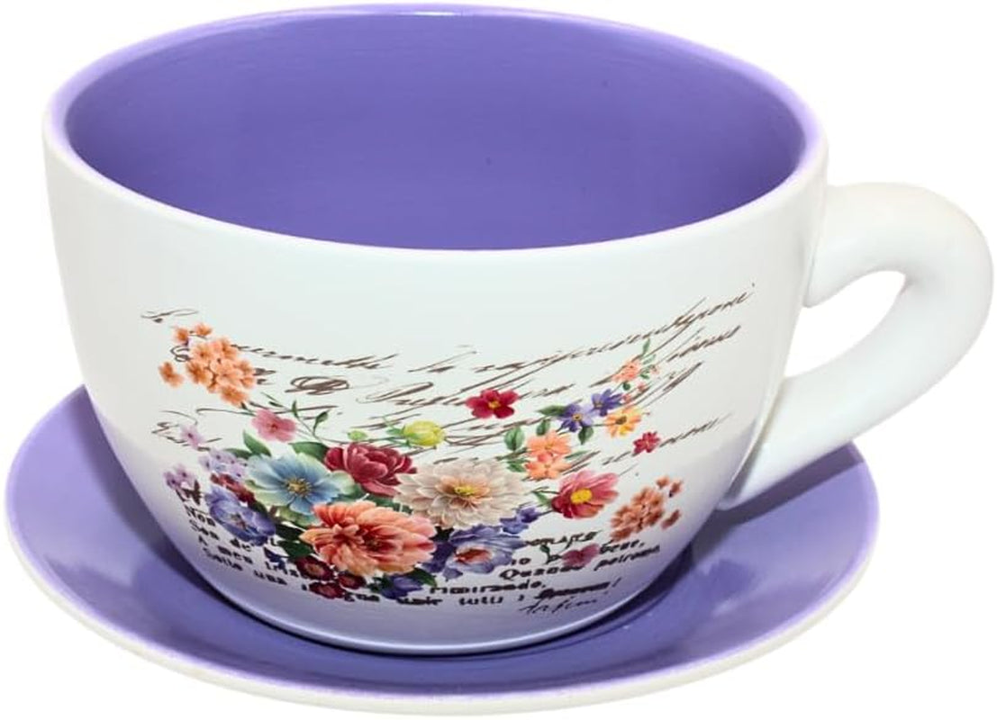 Ghiveci de flori Dekohelden24, jardinieră, ghiveci pentru plante, recipient pentru plante, ghiveci de flori. Ghiveci ceramic în formă de cupă cu mâner, design: lavandă, L/l/Î 25 x 23 x 14 cm.