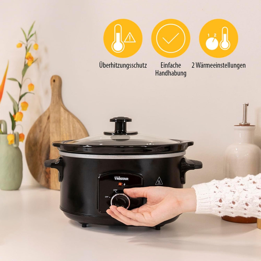 Tristar VS-3915 slow cooker, vas ceramic din oțel inoxidabil cu 2 setări de căldură și funcție de menținere la cald, 3,5 L Slow Cooker Naty Shop