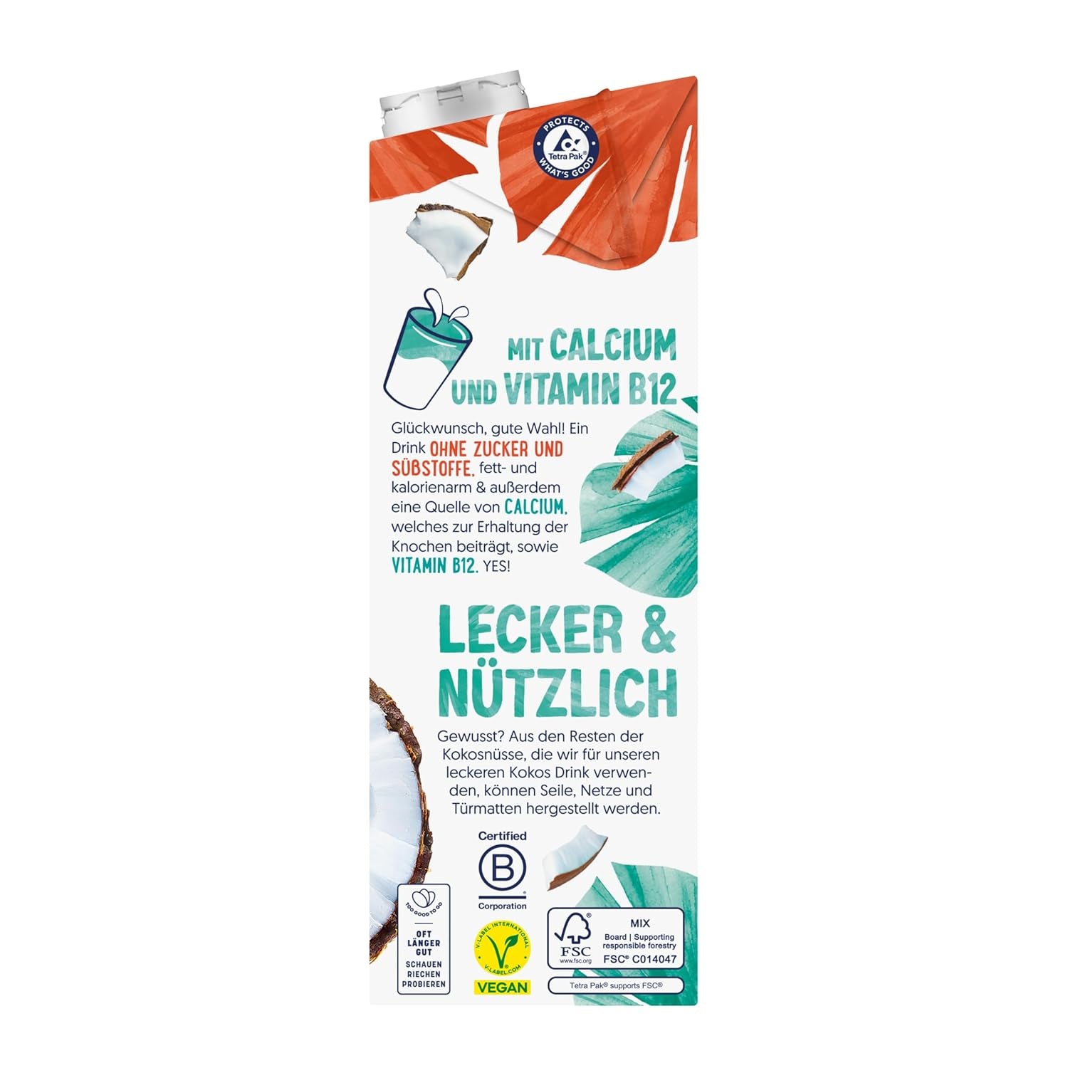 Alpro Kokosnussdrink ohne Zucker – Ohne Süßstoffe – Vegan und milchfrei – Von Natur aus laktosefrei und fettarm – Reich an Calcium und Vitaminen – 8 x 1 L