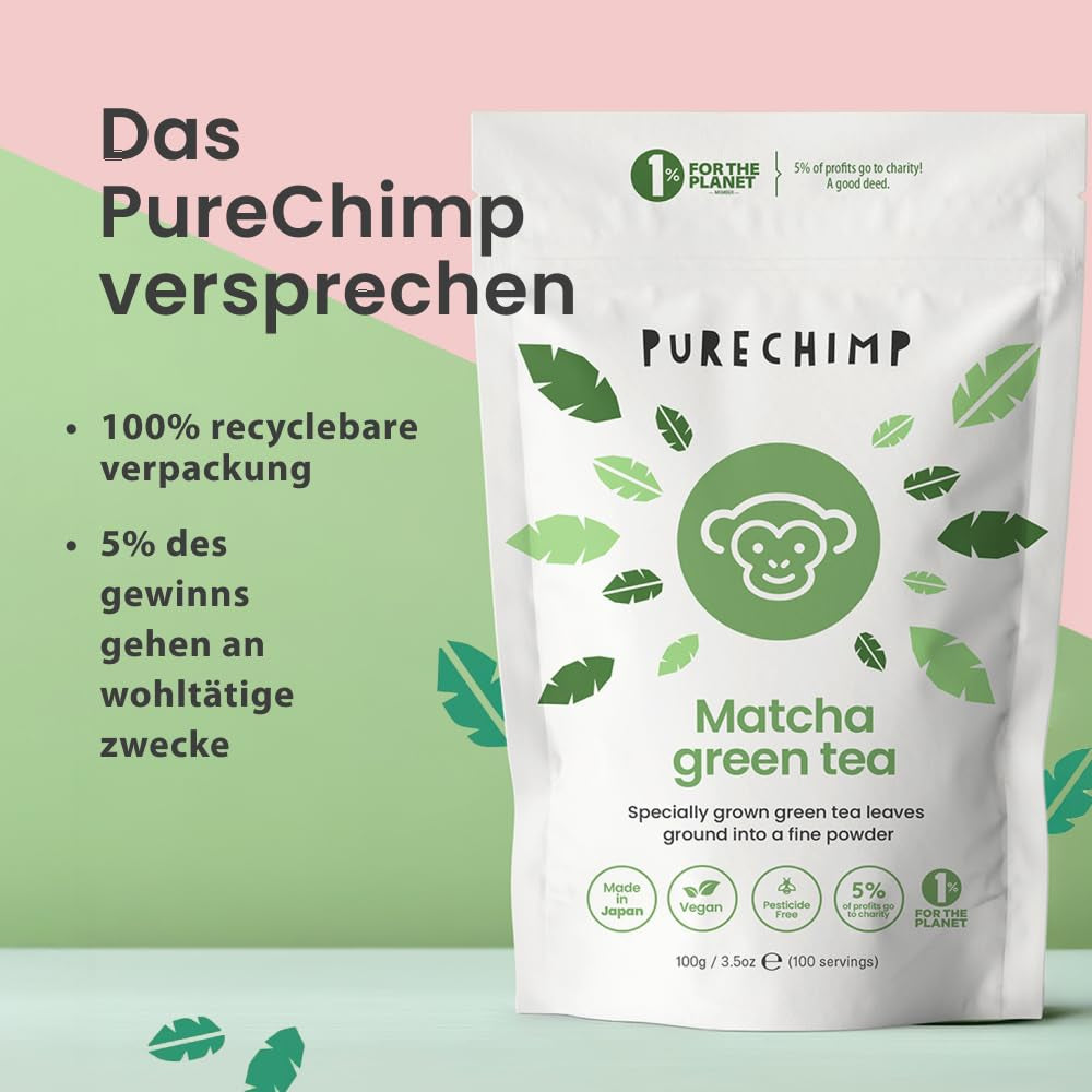 Purechimp Matcha ceremonial 100 g. Pulbere de ceai 100% pură din culturi umbrite pentru latte, infuzii și rețete. Pungă compostabilă. Bogată în antioxidanți.