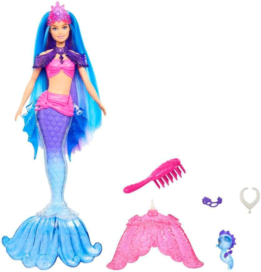 Barbie Mermaid Power, Puppe Meerjungfrau, Puppe mit blauen und lila Haaren, Meerjungfrauenschwanz mit austauschbaren Flossen, Zubehör, Geschenke für Kinder ab 3 Jahren,HHG52