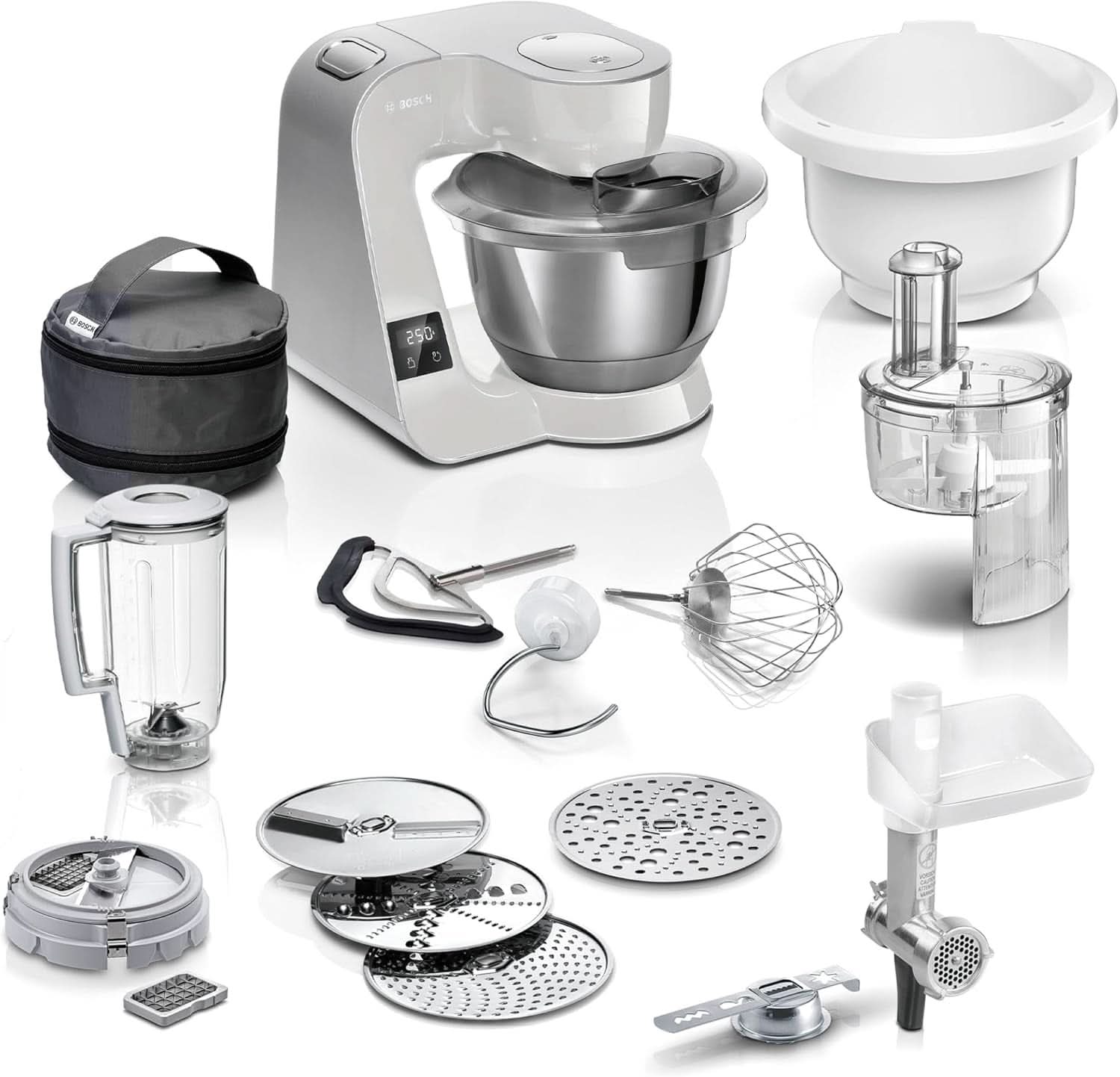 Robot de bucătărie Bosch Seria 4 MUM5X720, cântar integrat, bol din oțel inoxidabil 3.9L, mixer 1.25L, 1000W Accesorii Hrana si Alaptare Bebe Naty Shop Single Gri Argintiu 6 accesorii