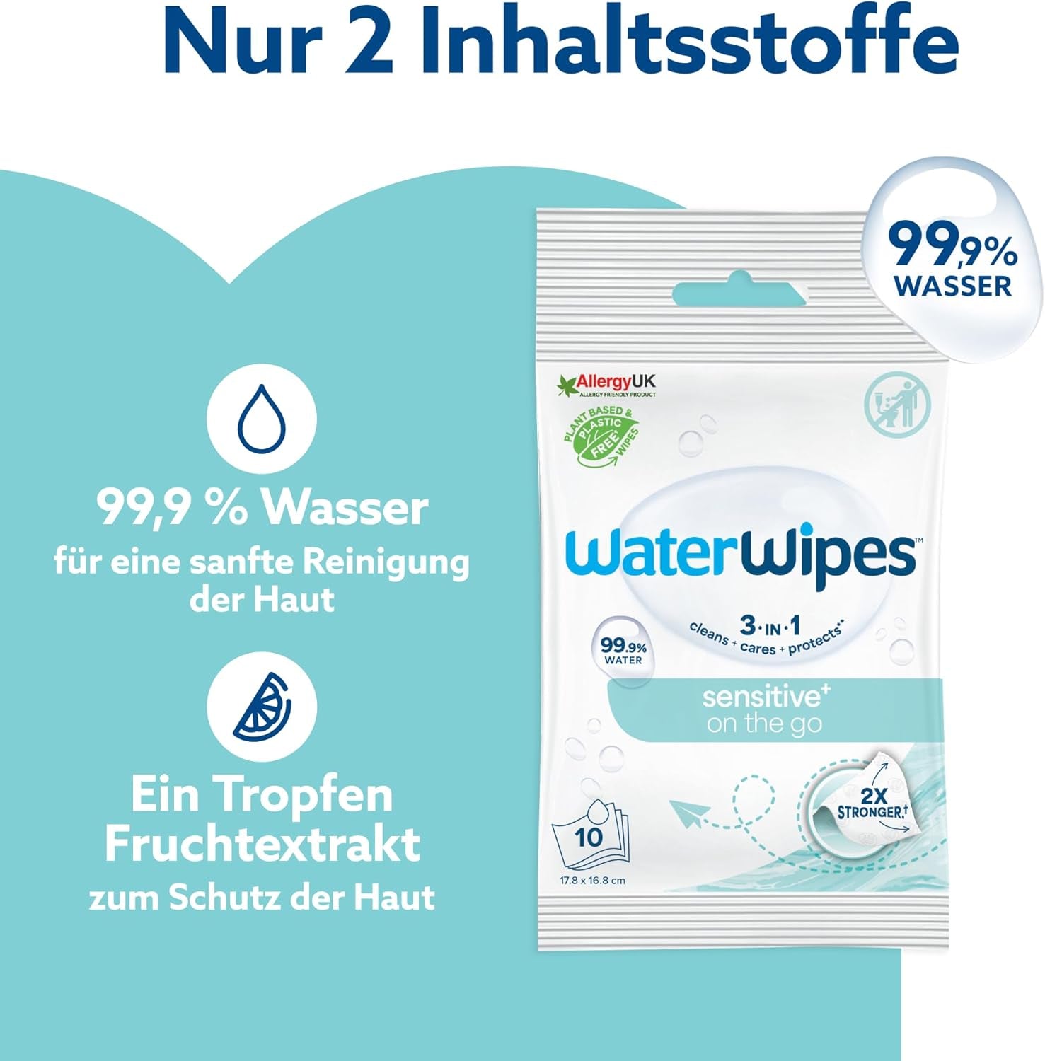 Șervețele umede WaterWipes Sensitive+ On The Go, 100 de șervețele (10 pachete), 3 în 1 curăță, îngrijește, protejează, 99,9% apă, șervețele fără parfum