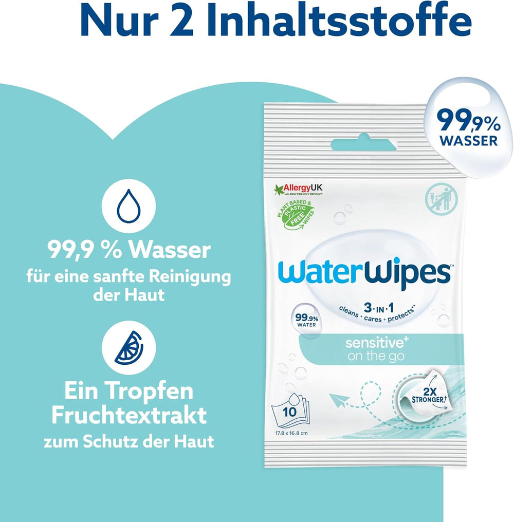 Șervețele umede WaterWipes Sensitive+ On The Go, 100 de șervețele (10 pachete), 3 în 1 curăță, îngrijește, protejează, 99,9% apă, șervețele fără parfum