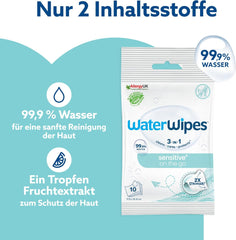 Șervețele umede WaterWipes Sensitive+ On The Go, 100 de șervețele (10 pachete), 3 în 1 curăță, îngrijește, protejează, 99,9% apă, șervețele fără parfum