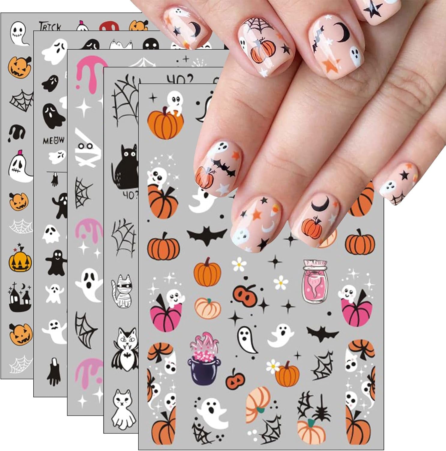 JMEOWIO Nagelsticker Halloween 8 Blatt Nail Art Sticker Selbstklebend Nagelaufkleber Totenkopf Horror Geist Hexe Spinnennetz Fledermaus Kürbis Spukdekoration Nageldesign Zubehör